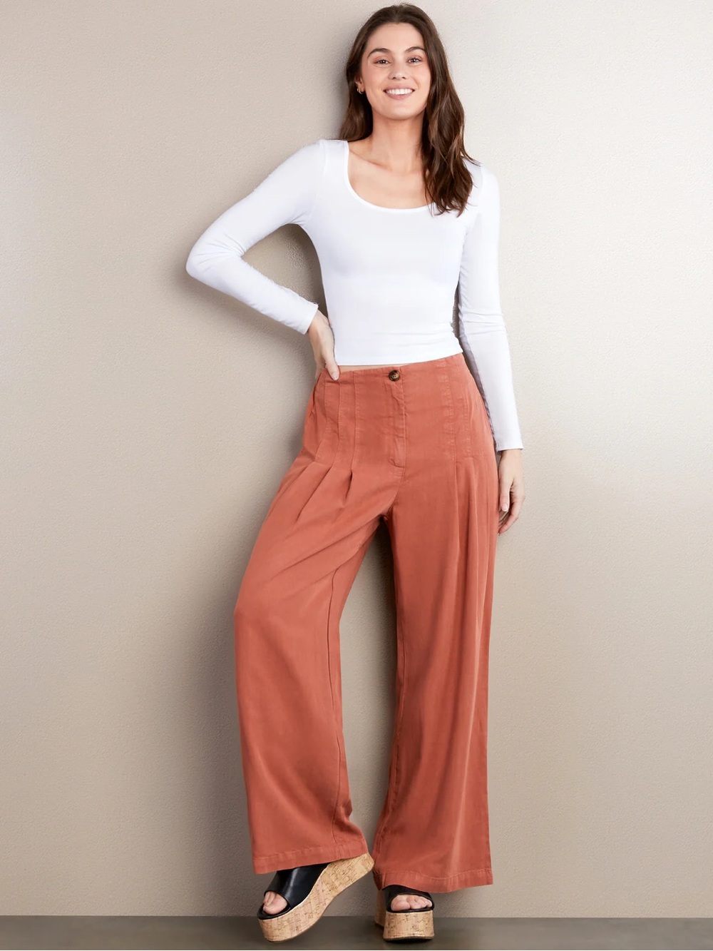 Billy T Follow Me Pants in Honey Lyocell Wide Leg Pintuck Pants